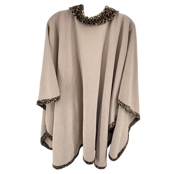 Le Moda Womens Wrap blanket Sweater Leopard Trim Full Zip Pocket Beige Tan One S - Picture 10 of 11